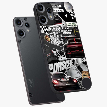 Porsche Racing Collage Glass Case displayed in angled mockup highlighting dynamic automotive design with bold racing aesthetic.