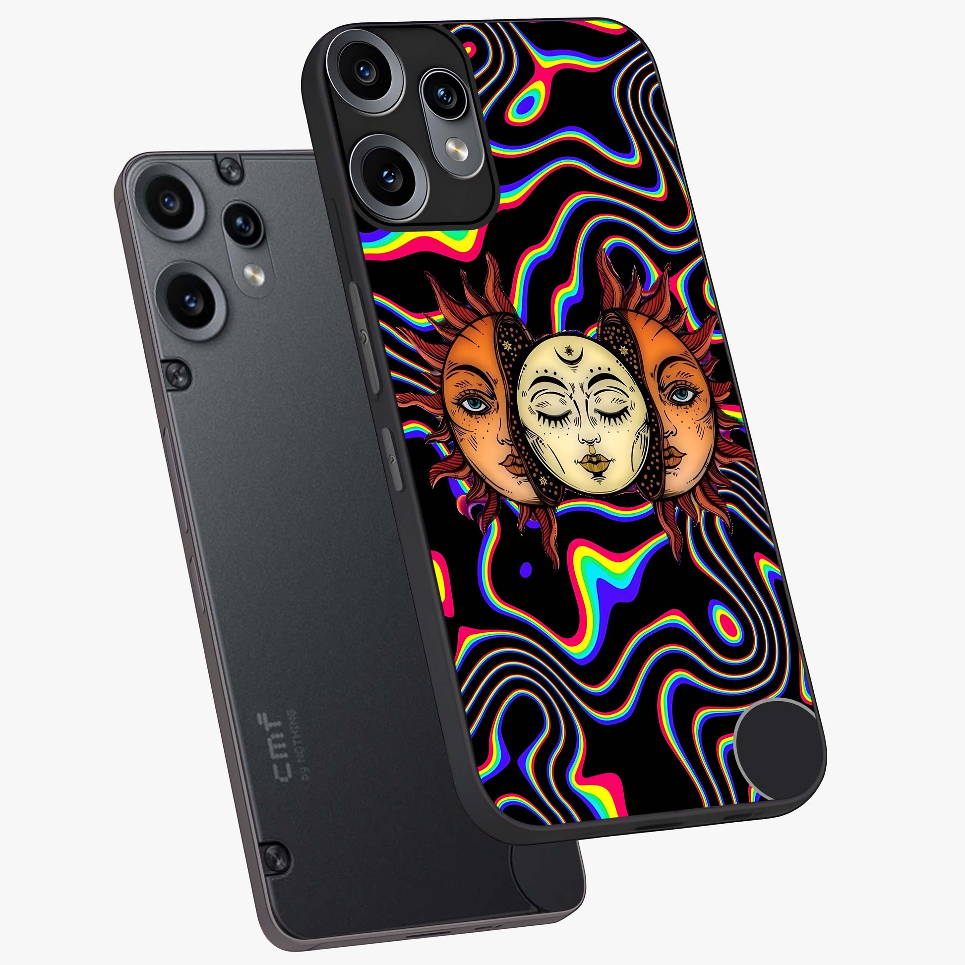 Psychedelic Sun Glass Case displayed in angled mockup highlighting vibrant abstract sun design with artistic aesthetic style.
