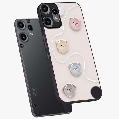 Puffy Face Parade Glass Case displayed in angled mockup highlighting playful cartoon face design with fun aesthetic.