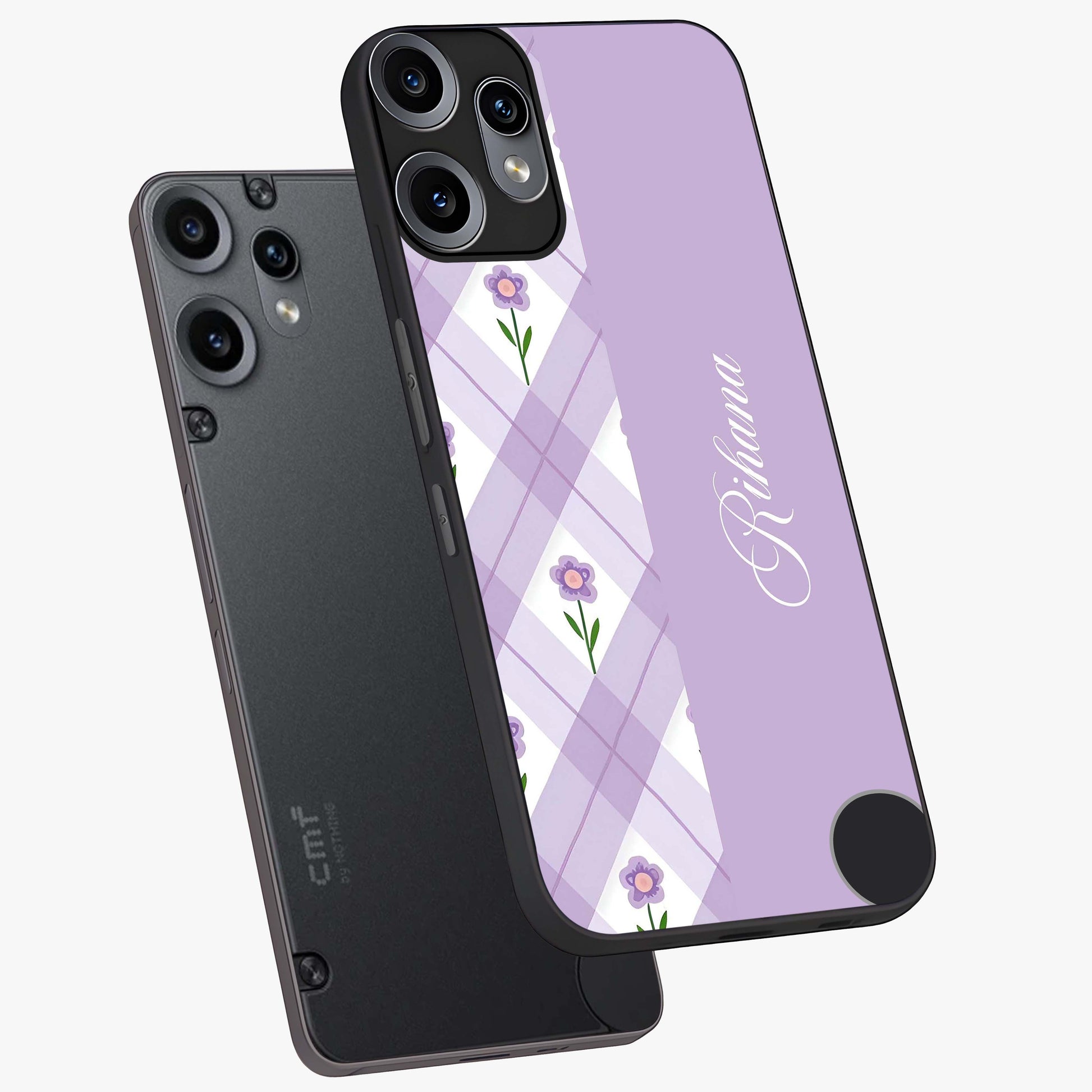 Purple Diamond Floral Glass Case displayed in angled mockup highlighting elegant purple flower design with decorative pattern.