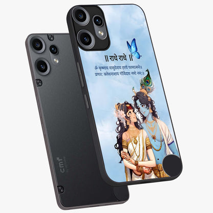 Radha Krishna Eternal Glass Case displayed in angled mockup highlighting divine Radha Krishna illustration with spiritual aesthetic.