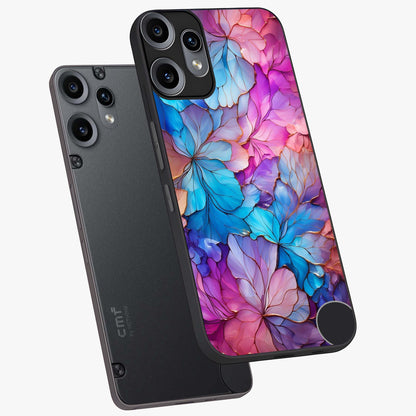 Radiant Floral Whirl Glass Case displayed in angled mockup highlighting vibrant flower pattern with dynamic artistic aesthetic.