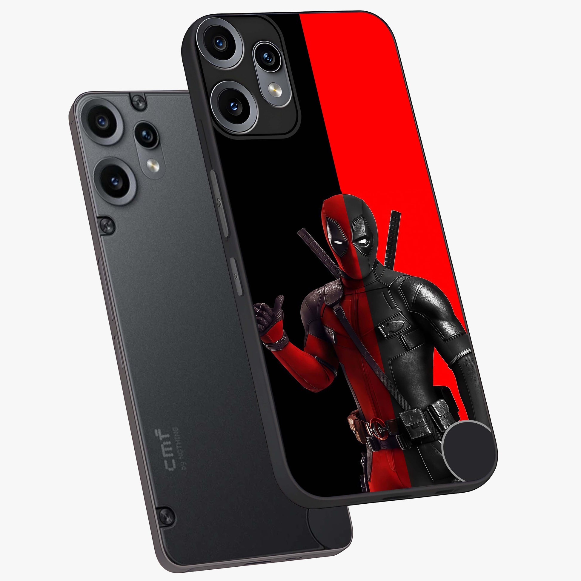 Red & Black Deadpool Theme Glass Case displayed in angled mockup highlighting vibrant superhero style illustration with action aesthetic.