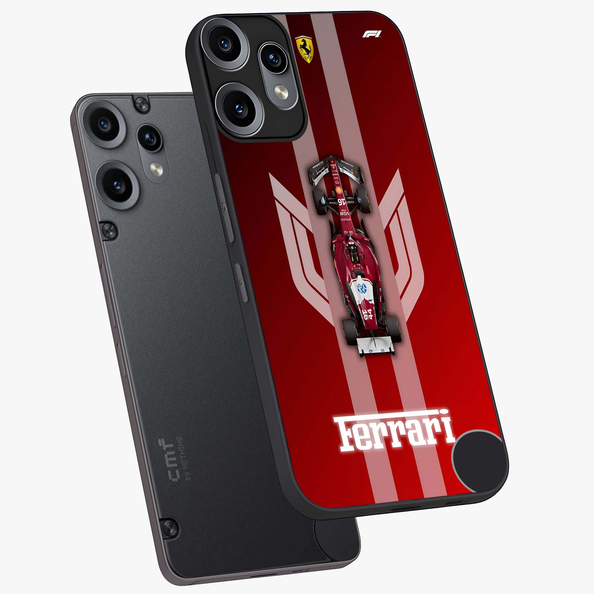 Red Ferrari F1 Vertical Glass Case displayed in angled mockup highlighting high speed racing design with bold automotive aesthetic.