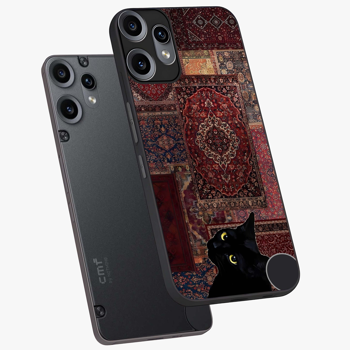 Regal Magic Cat Apple Glass Case displayed in angled mockup highlighting whimsical feline design with fantasy aesthetic.
