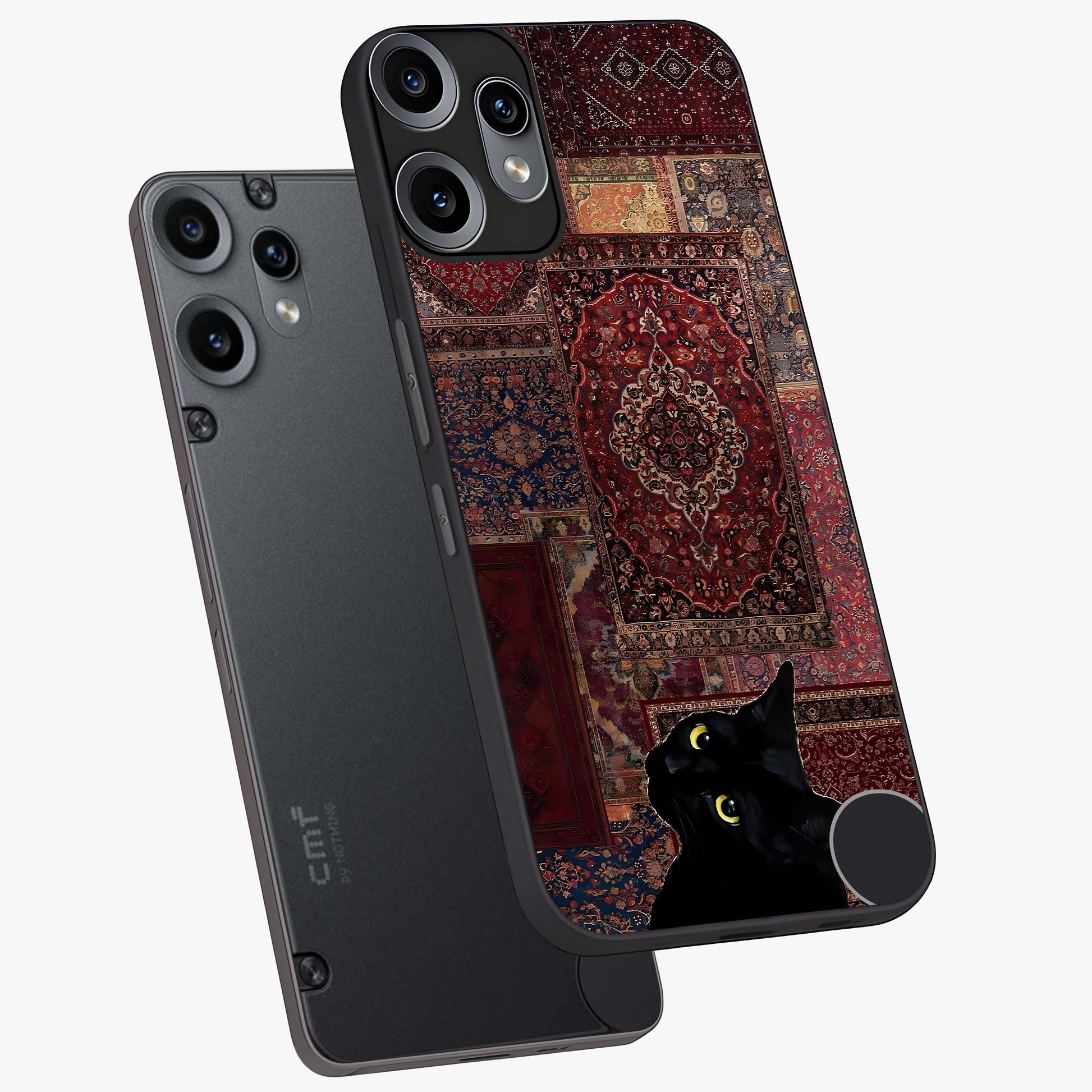 Regal Magic Cat Apple Glass Case displayed in angled mockup highlighting whimsical feline design with fantasy aesthetic.