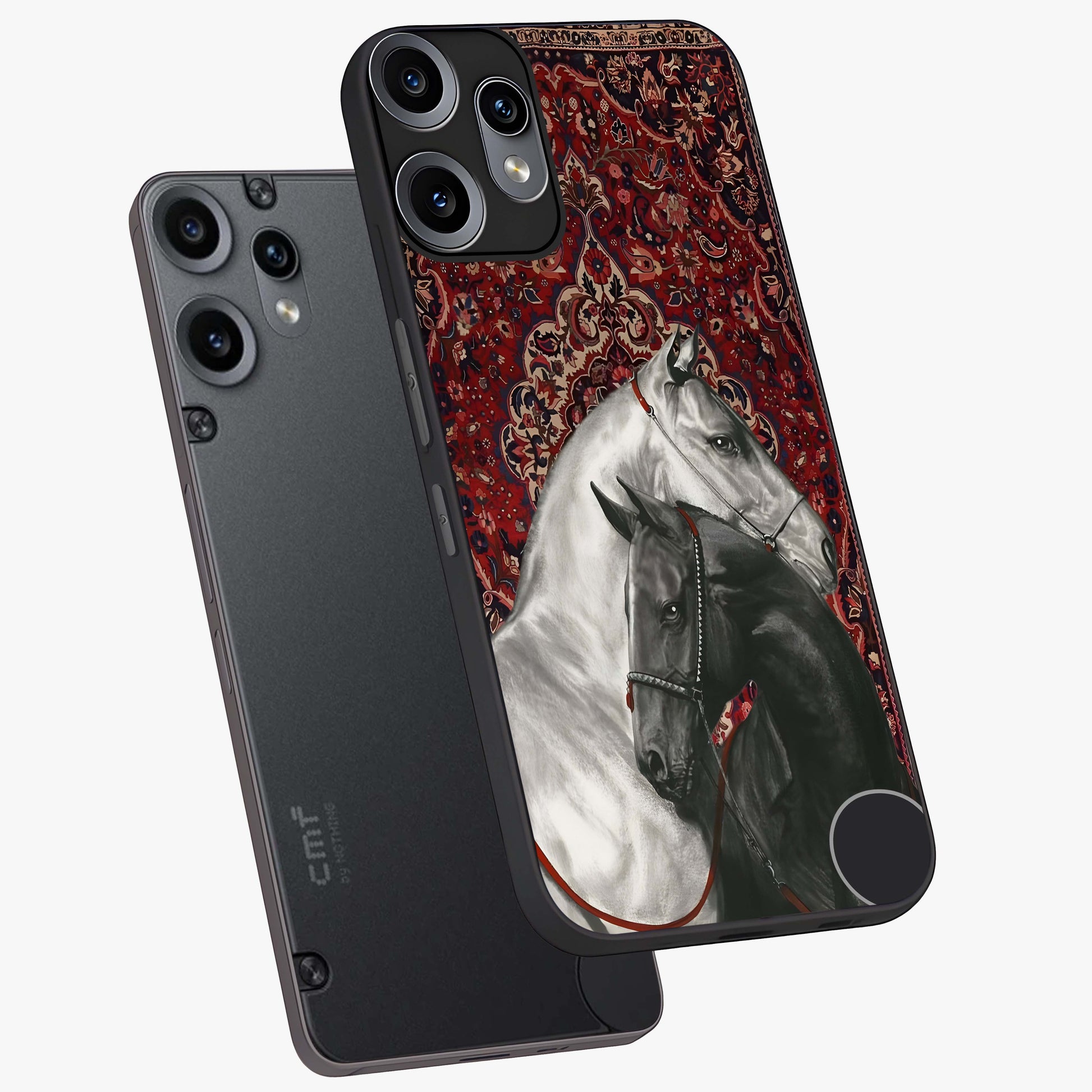 Regal Stallion Tapestry Glass Case displayed in angled mockup highlighting royal stallion design with decorative heritage aesthetic.