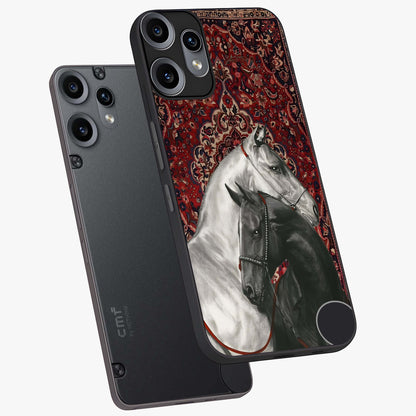 Regal Stallion Tapestry Glass Case displayed in angled mockup highlighting royal stallion design with decorative heritage aesthetic.