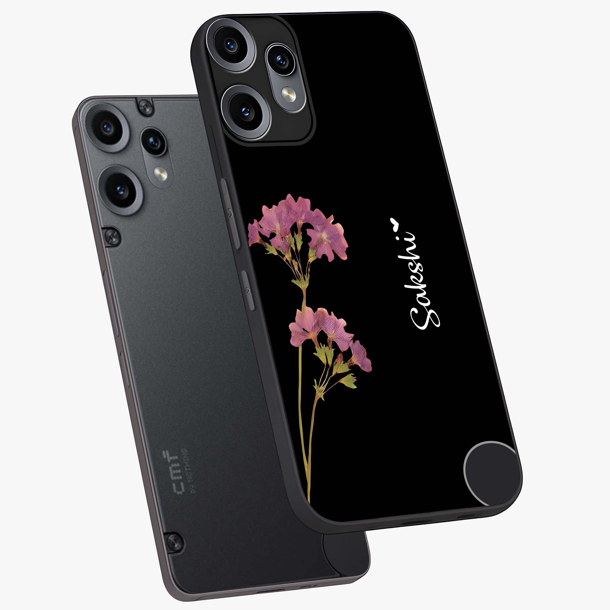 Riching Lavender Flower Custom Name Glass Case displayed in angled mockup highlighting delicate lavender flower design with custom name feature.