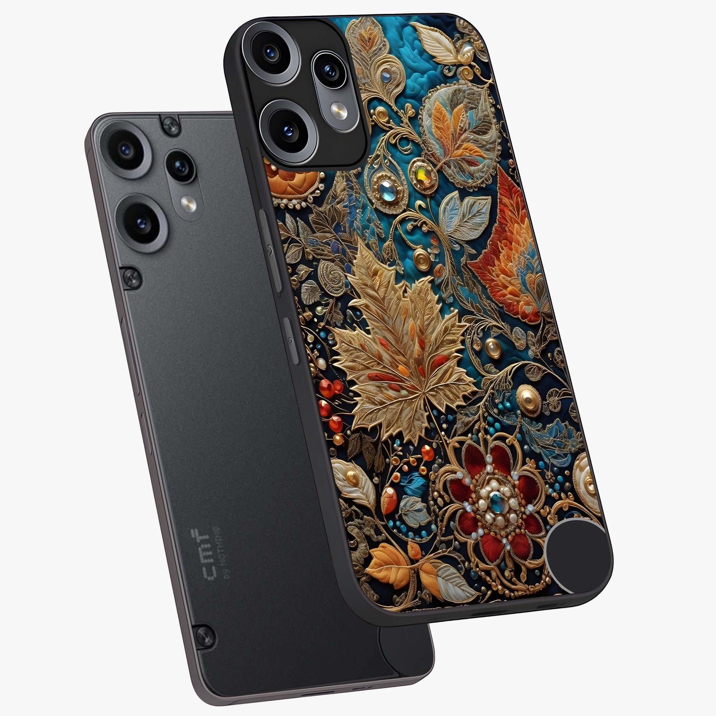 Royal Jewel Garden Glass Case displayed in angled mockup highlighting vibrant jewel inspired floral design with elegant aesthetic.