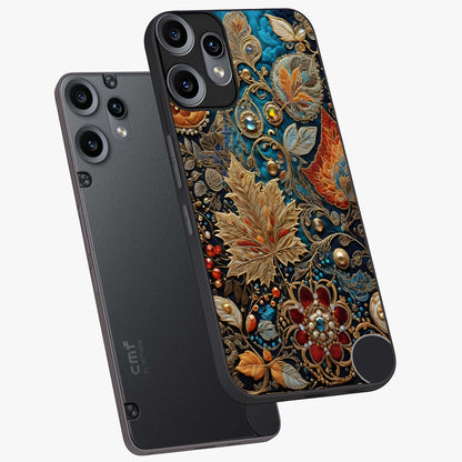 Royal Jewel Garden Glass Case displayed in angled mockup highlighting vibrant jewel inspired floral design with elegant aesthetic.