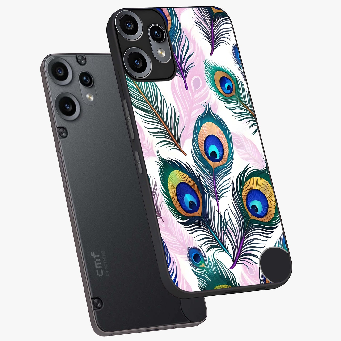 Royal Peacock Feathers Glass Case displayed in angled mockup highlighting vibrant feather pattern with regal aesthetic style.