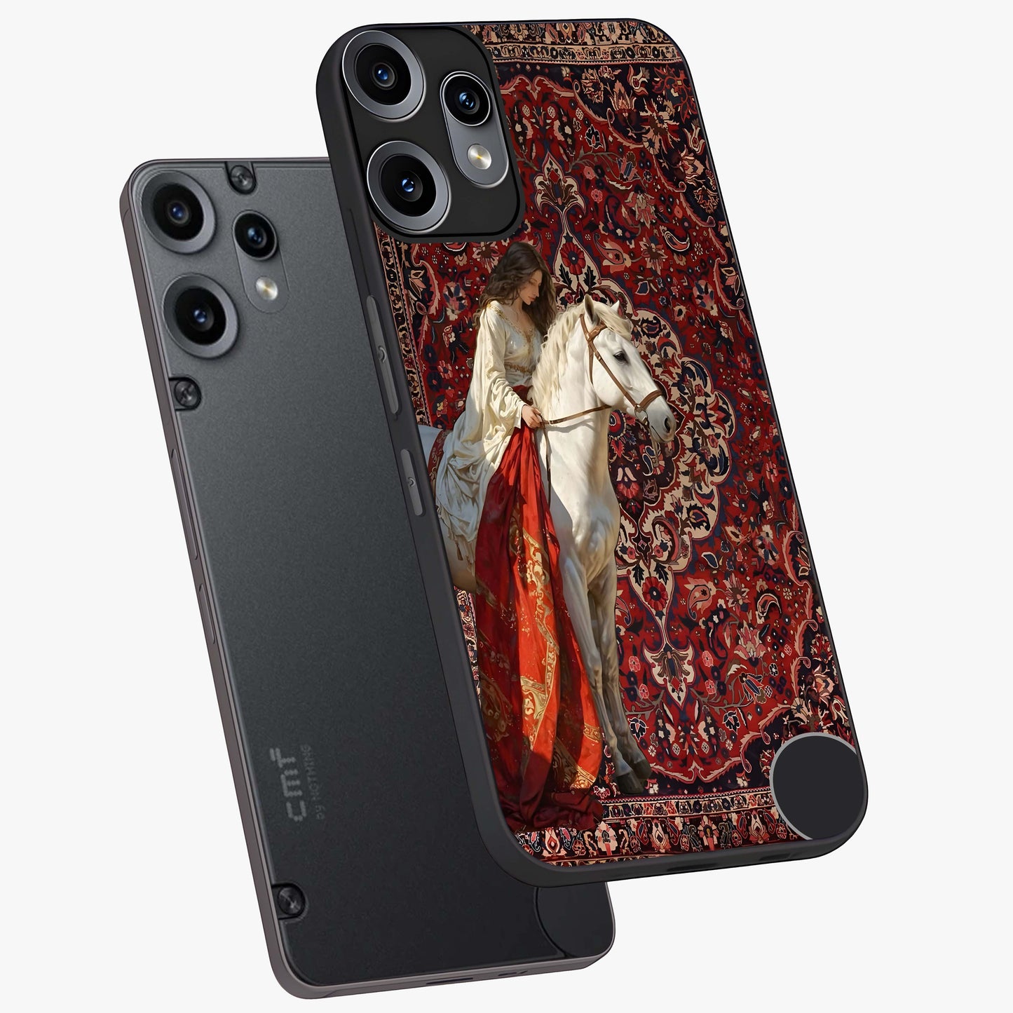 Royal Rider Tapestry Glass Case displayed in angled mockup highlighting traditional tapestry design with royal heritage aesthetic.