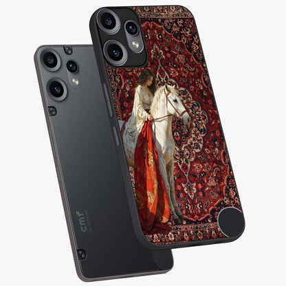 Royal Rider Tapestry Glass Case displayed in angled mockup highlighting traditional tapestry design with royal heritage aesthetic.