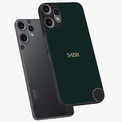 Sabr Minimal Patience Glass Case displayed in angled mockup highlighting simple inspirational design with clean aesthetic style.