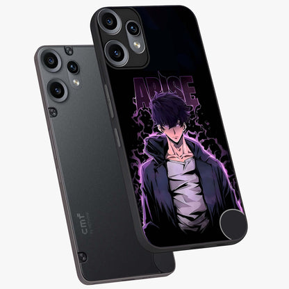Shadow Monarch Awakening Glass Case displayed in angled mockup highlighting dramatic shadow warrior design with fantasy aesthetic.