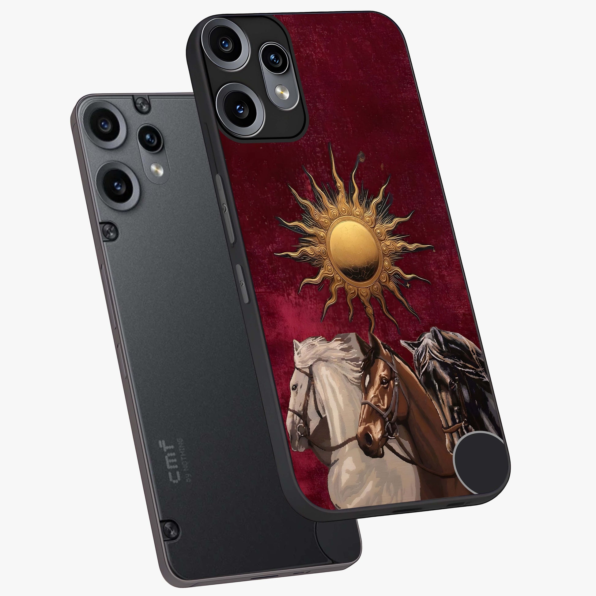 Solar Riders Glass Case displayed in angled mockup highlighting powerful rider illustration with radiant solar aesthetic.