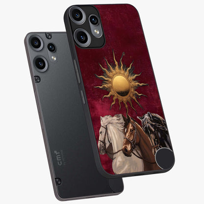 Solar Riders Glass Case displayed in angled mockup highlighting powerful rider illustration with radiant solar aesthetic.
