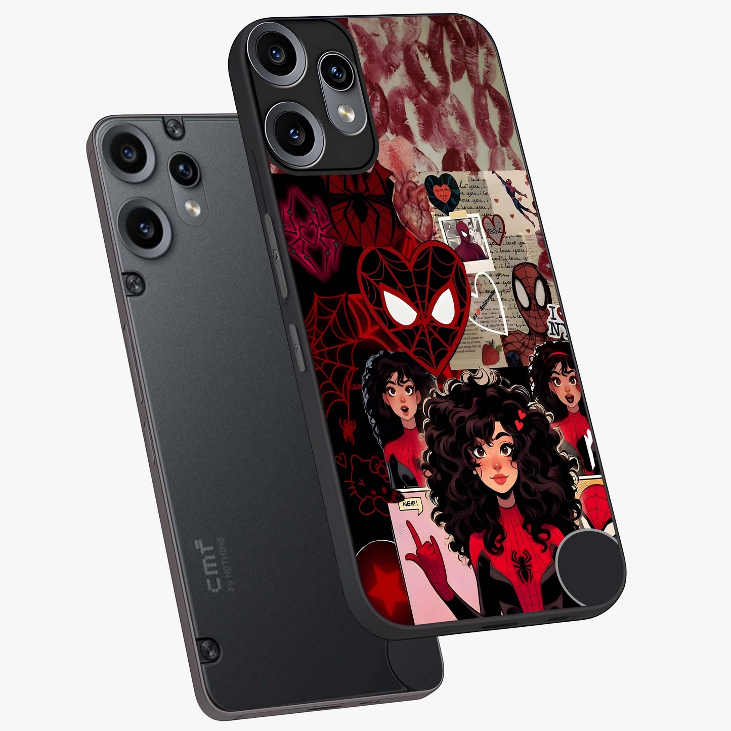 Spider Love Story Glass Case displayed in angled mockup highlighting expressive comic inspired design with playful aesthetic.
