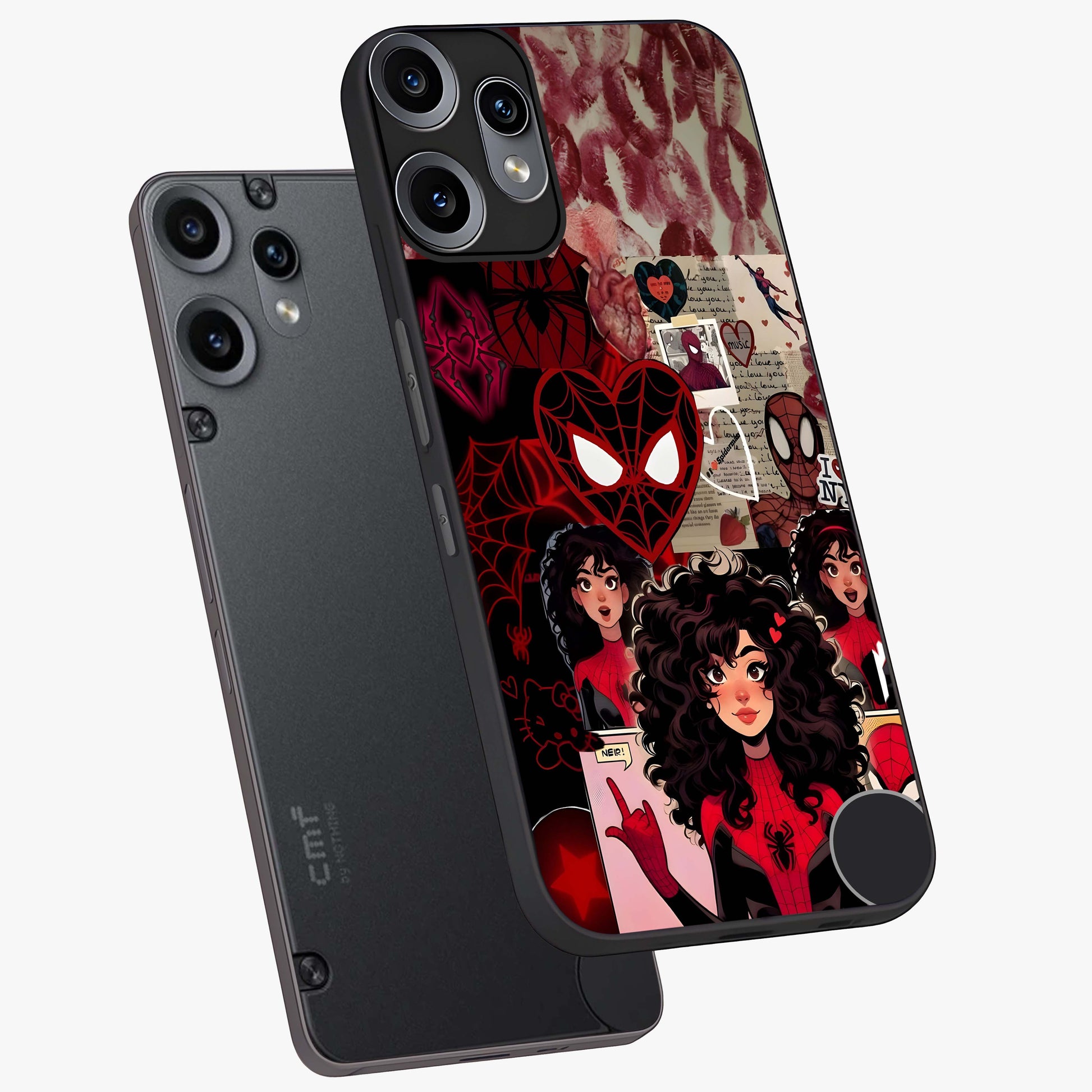 Spider Love Story Glass Case displayed in angled mockup highlighting expressive comic inspired design with playful aesthetic.