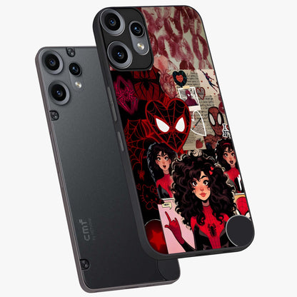 Spider Love Story Glass Case displayed in angled mockup highlighting expressive comic inspired design with playful aesthetic.