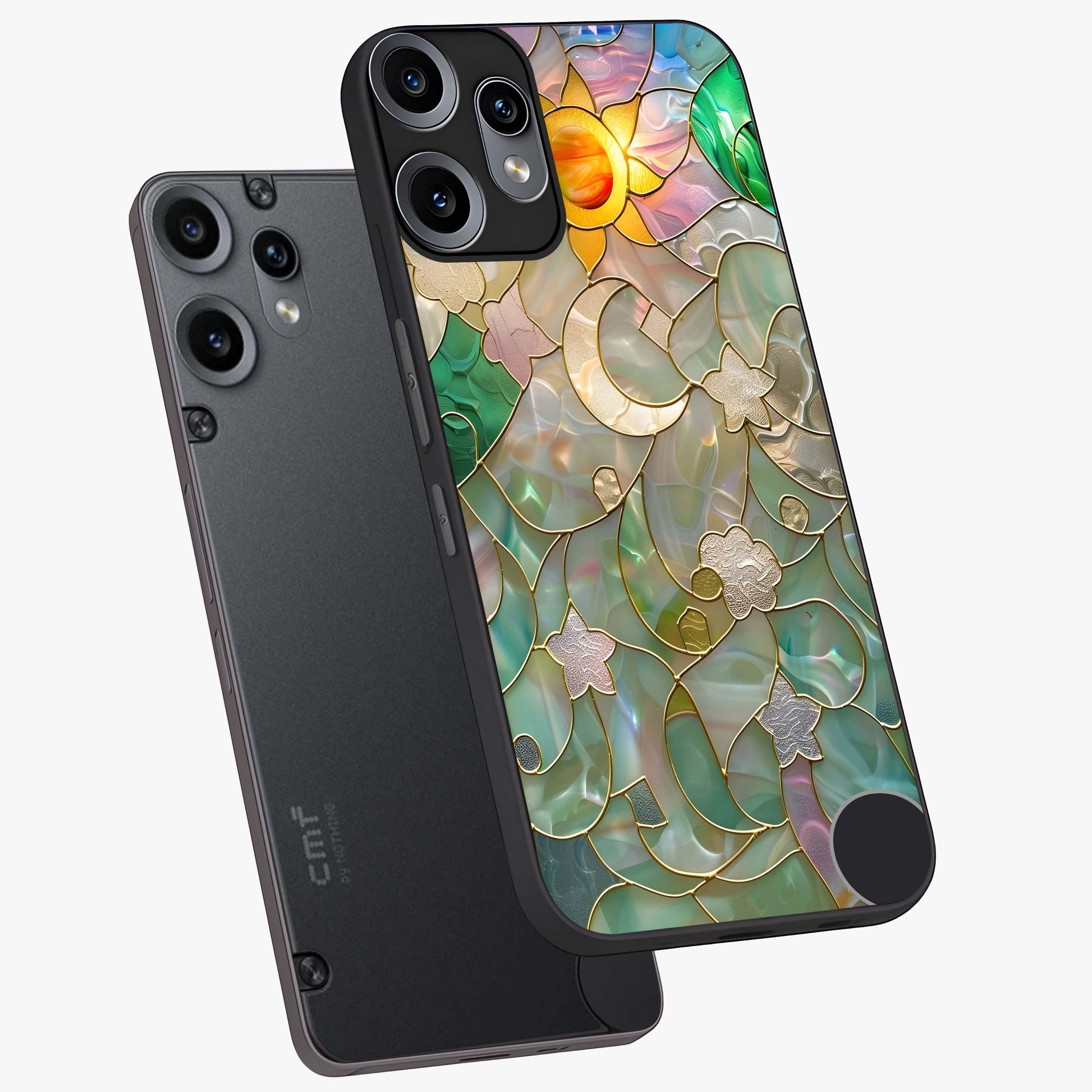 Stained Sunrise Glow Glass Case displayed in angled mockup highlighting radiant sunrise design with artistic aesthetic style.