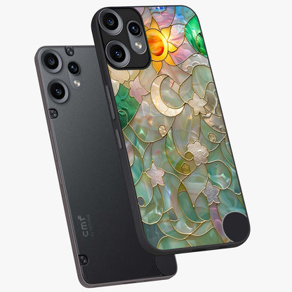 Stained Sunrise Glow Glass Case displayed in angled mockup highlighting radiant sunrise design with artistic aesthetic style.