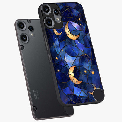 Starlit Sky Tapestry Glass Case displayed in angled mockup highlighting celestial night pattern with artistic aesthetic style.