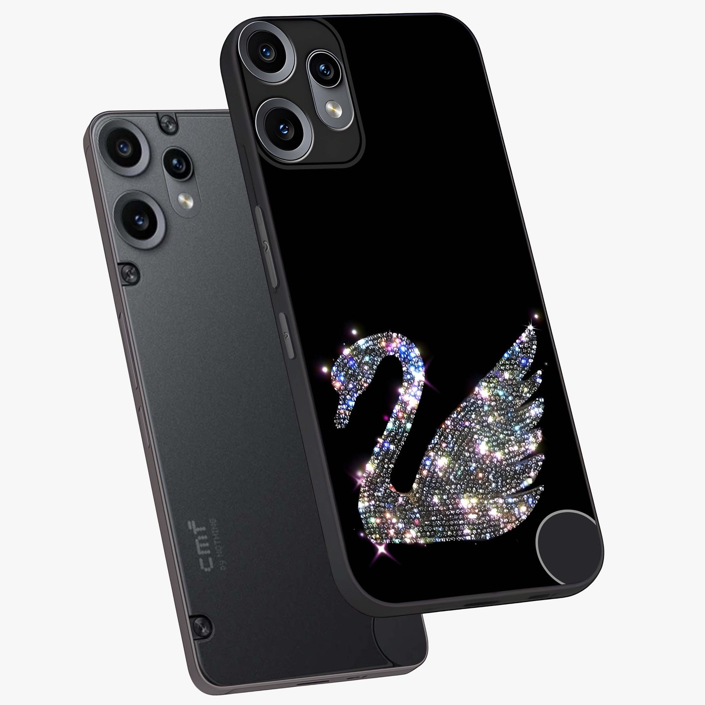 Starlit Swan Grace Glass Case displayed in angled mockup highlighting elegant swan illustration with dreamy celestial aesthetic.