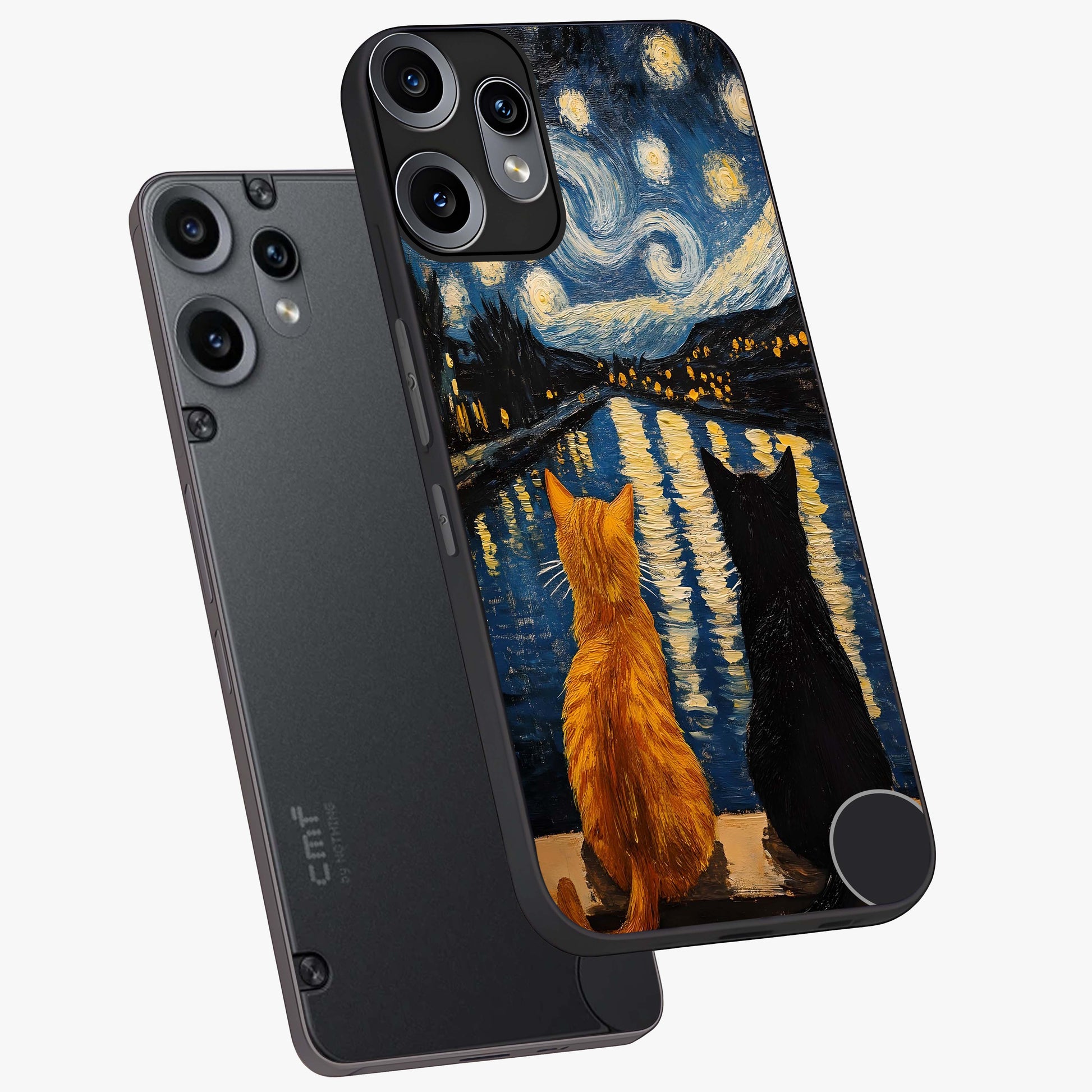 Starry River Cats Glass Case displayed in angled mockup highlighting charming feline illustration with dreamy night aesthetic.