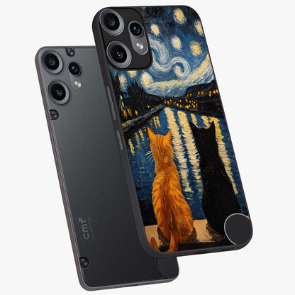 Starry River Cats Glass Case displayed in angled mockup highlighting charming feline illustration with dreamy night aesthetic.