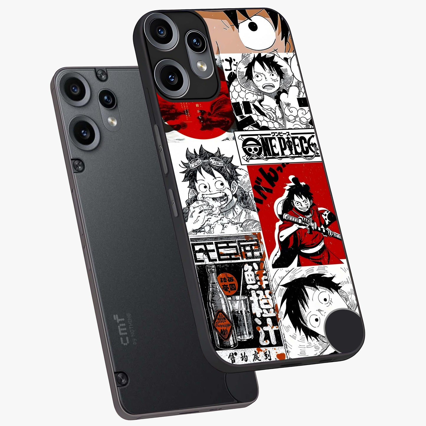 Strawhat Chaos Panels Glass Case displayed in angled mockup highlighting vibrant anime collage design with action aesthetic.