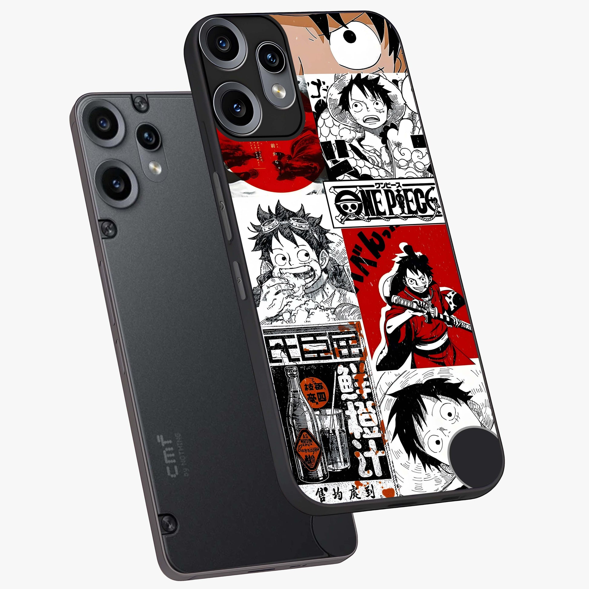Strawhat Chaos Panels Glass Case displayed in angled mockup highlighting vibrant anime collage design with action aesthetic.