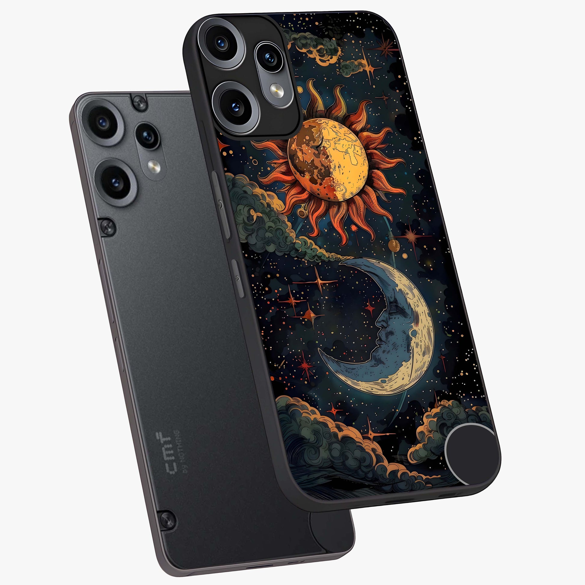 Sun And Moon Magic Design Glass Case displayed in angled mockup highlighting celestial design with magical cosmic aesthetic.