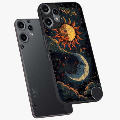 Sun And Moon Magic Design Glass Case displayed in angled mockup highlighting celestial design with magical cosmic aesthetic.