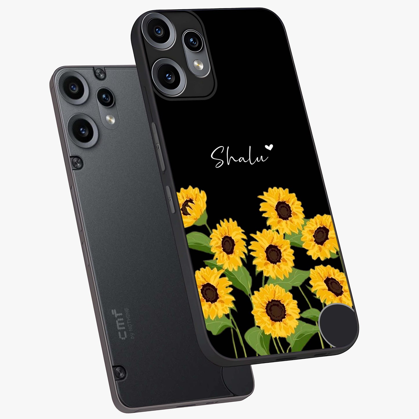 Sunflower Chic Mood Custom Name Glass Case displayed in angled mockup highlighting vibrant sunflower design with custom name feature.