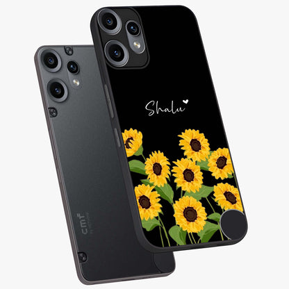Sunflower Chic Mood Custom Name Glass Case displayed in angled mockup highlighting vibrant sunflower design with custom name feature.