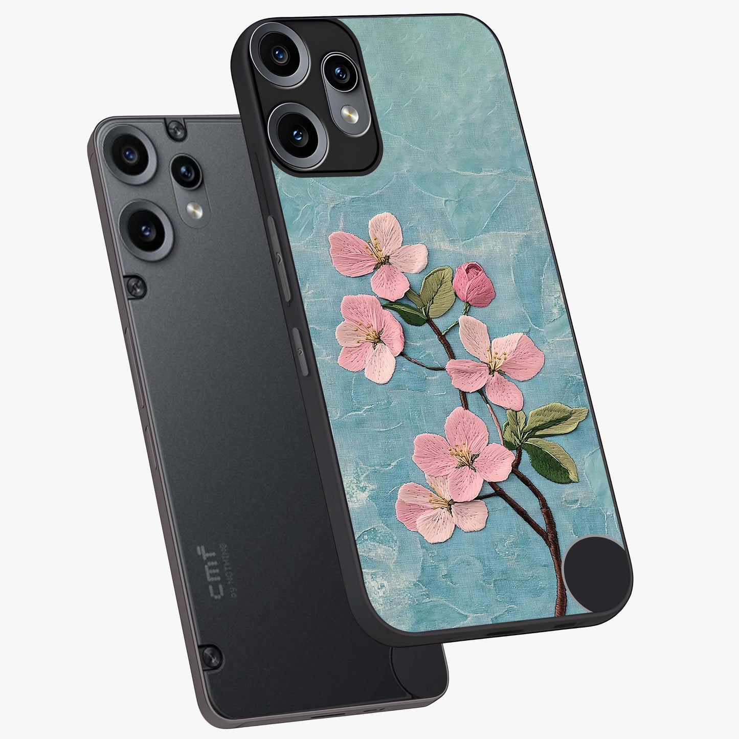 Threaded Blossom Breeze Glass Case displayed in angled mockup highlighting elegant floral design with soft aesthetic style.