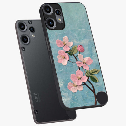 Threaded Blossom Breeze Glass Case displayed in angled mockup highlighting elegant floral design with soft aesthetic style.