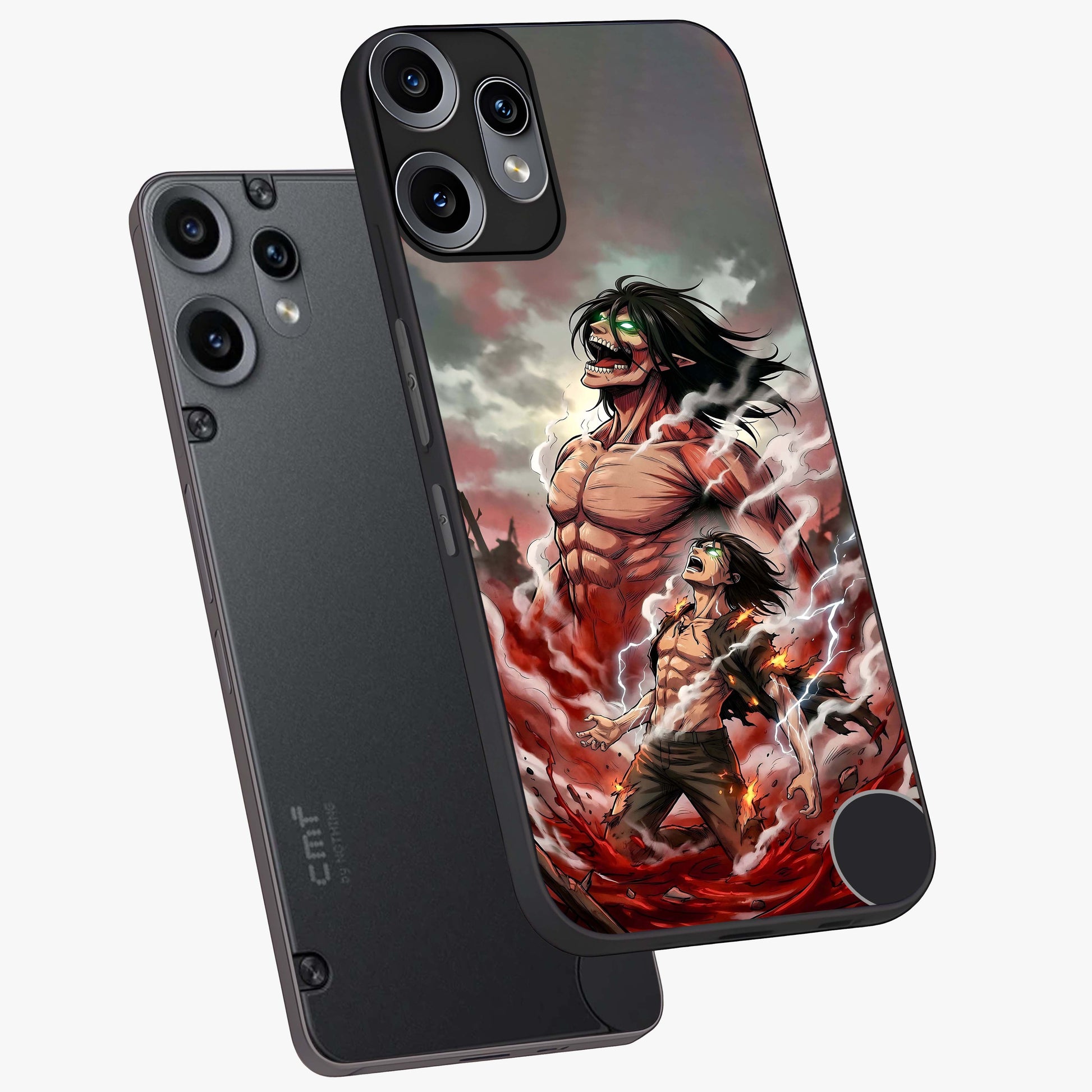 Titan Awakening Fury Glass Case displayed in angled mockup highlighting dramatic giant warrior design with bold anime aesthetic.