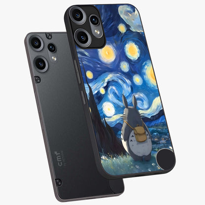 Totoro In Van Gogh Art Glass Case displayed in angled mockup highlighting artistic swirling sky design with playful animation aesthetic.