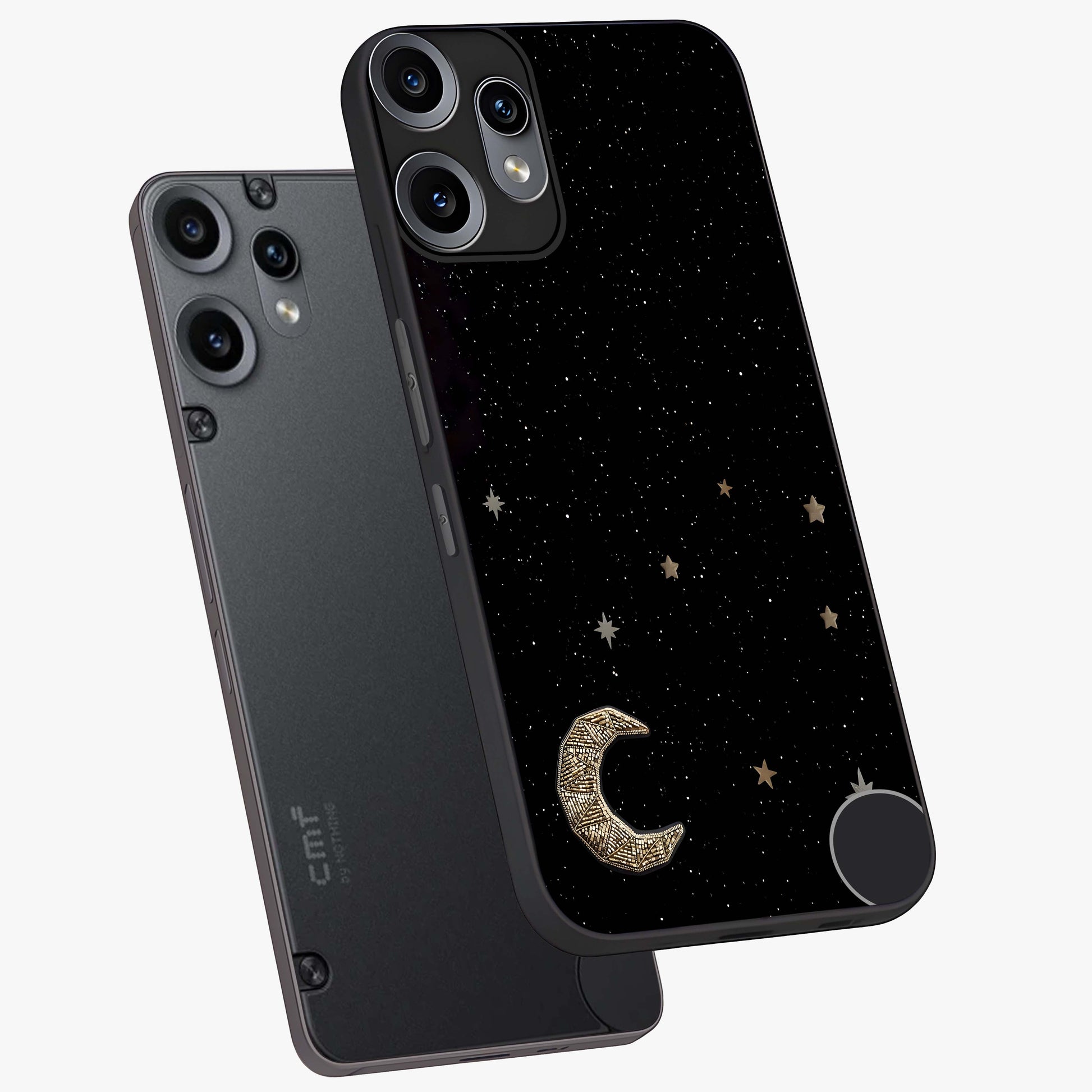 Twinkle Star With Half Moon Glass Case displayed in angled mockup highlighting celestial moon and star design with magical aesthetic.