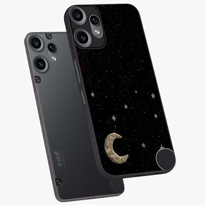 Twinkle Star With Half Moon Glass Case displayed in angled mockup highlighting celestial moon and star design with magical aesthetic.