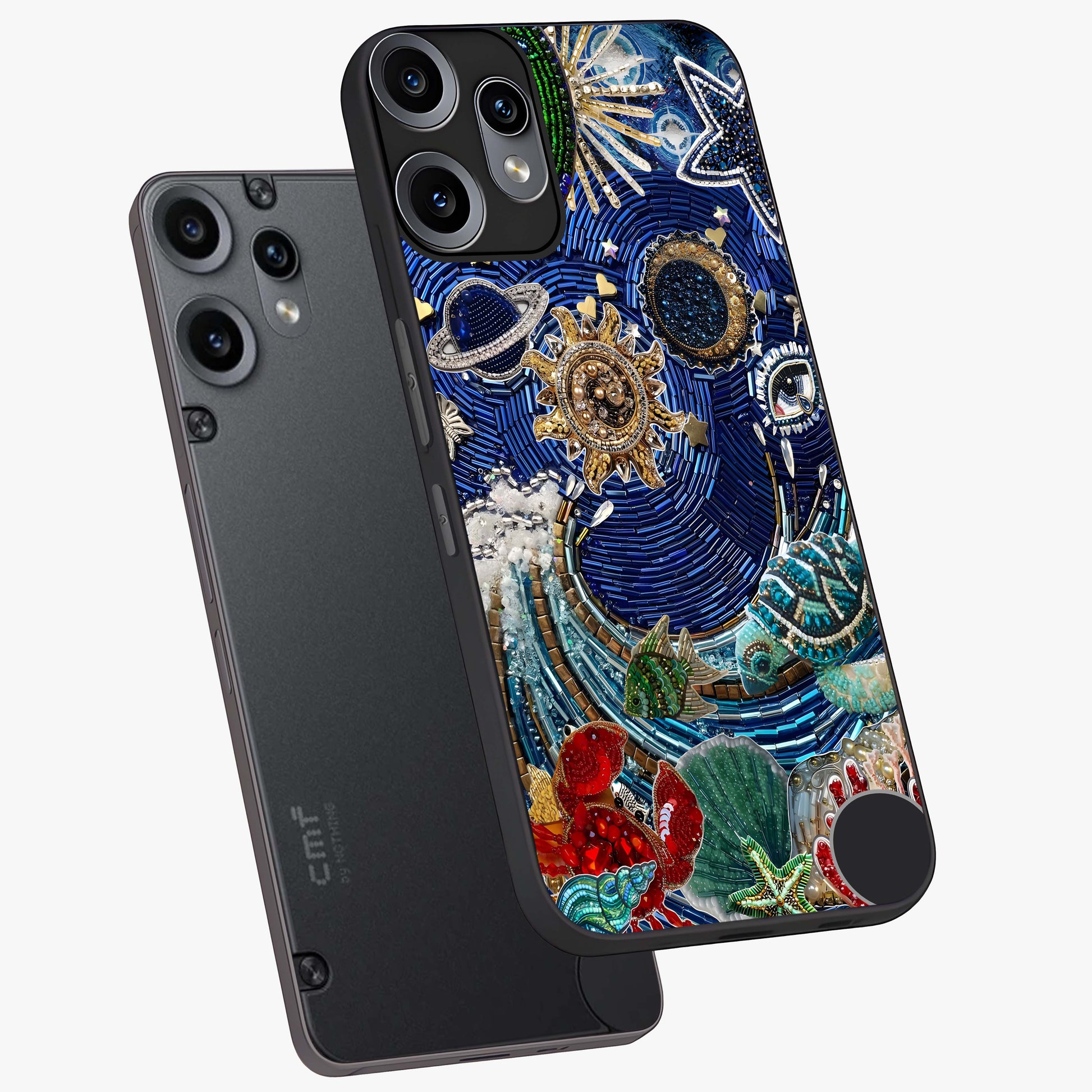 Universe Underwater Spark Glass Case displayed in angled mockup highlighting glowing aquatic design with celestial aesthetic.