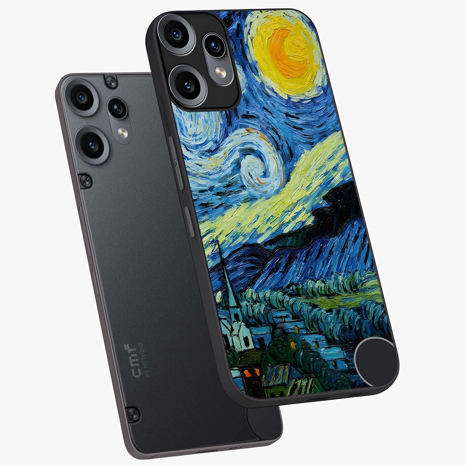 Van Gogh Art Glass Case displayed in angled mockup highlighting swirling brushstroke design with artistic aesthetic.