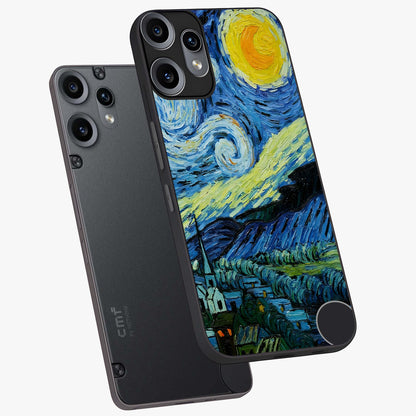 Van Gogh Art Glass Case displayed in angled mockup highlighting swirling brushstroke design with artistic aesthetic.