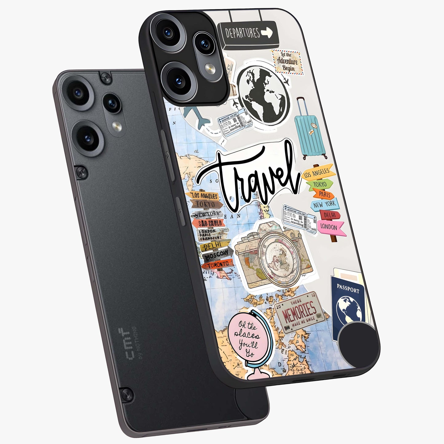 Wanderlust Journal Glass Case displayed in angled mockup highlighting adventure themed design with aesthetic travel vibe.