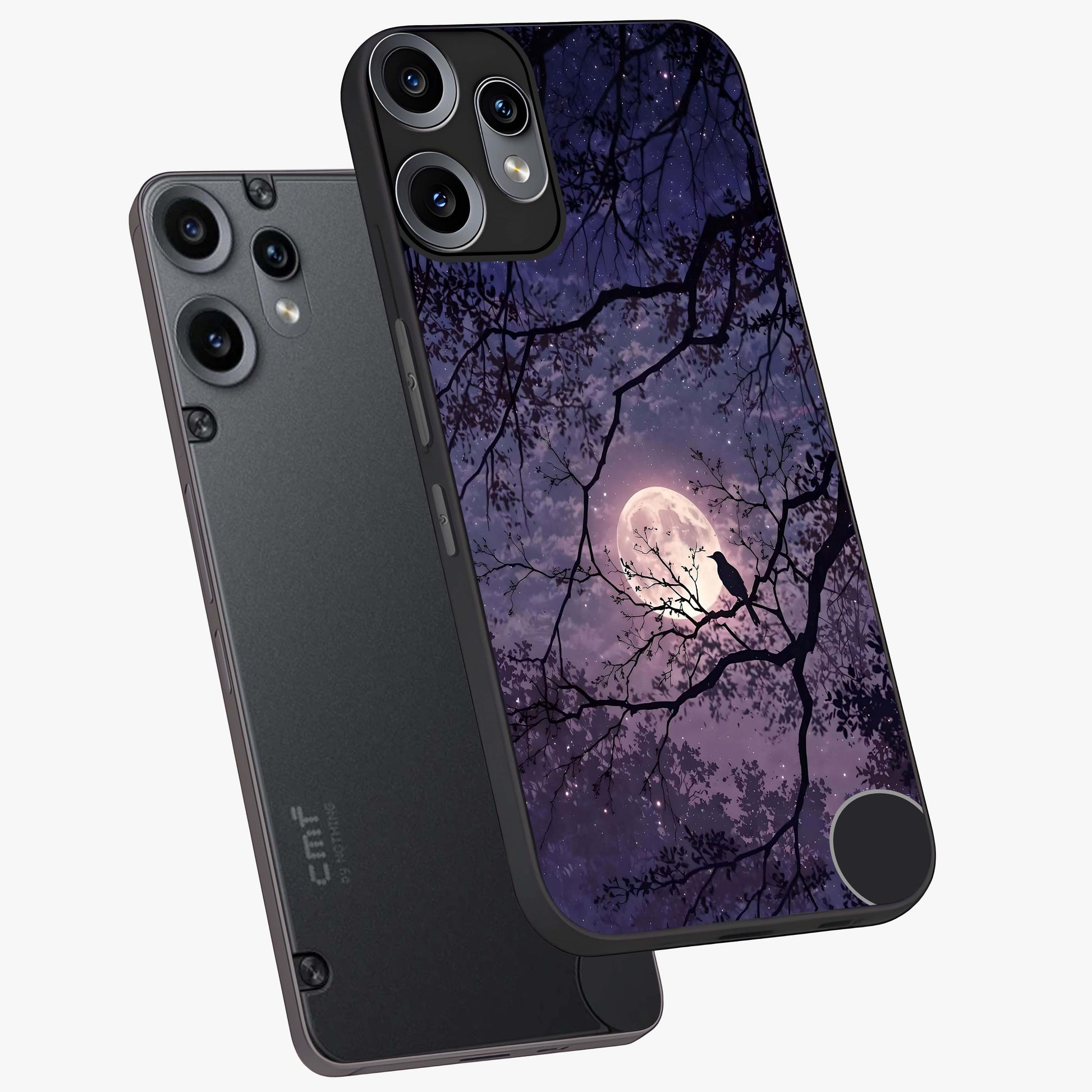 Whispering Moon Silence Glass Case displayed in angled mockup highlighting calm lunar design with dreamy night aesthetic.