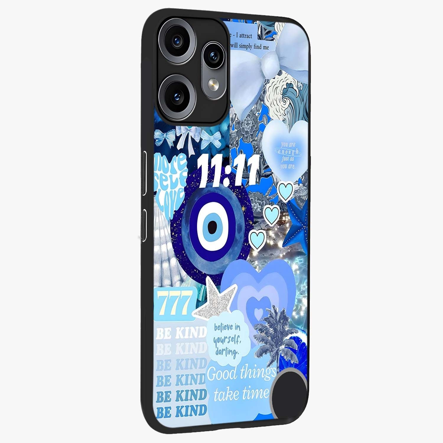 Aesthetic Be Kind Eye Glass Case upright view showcasing stylish eye illustration with positive message theme.