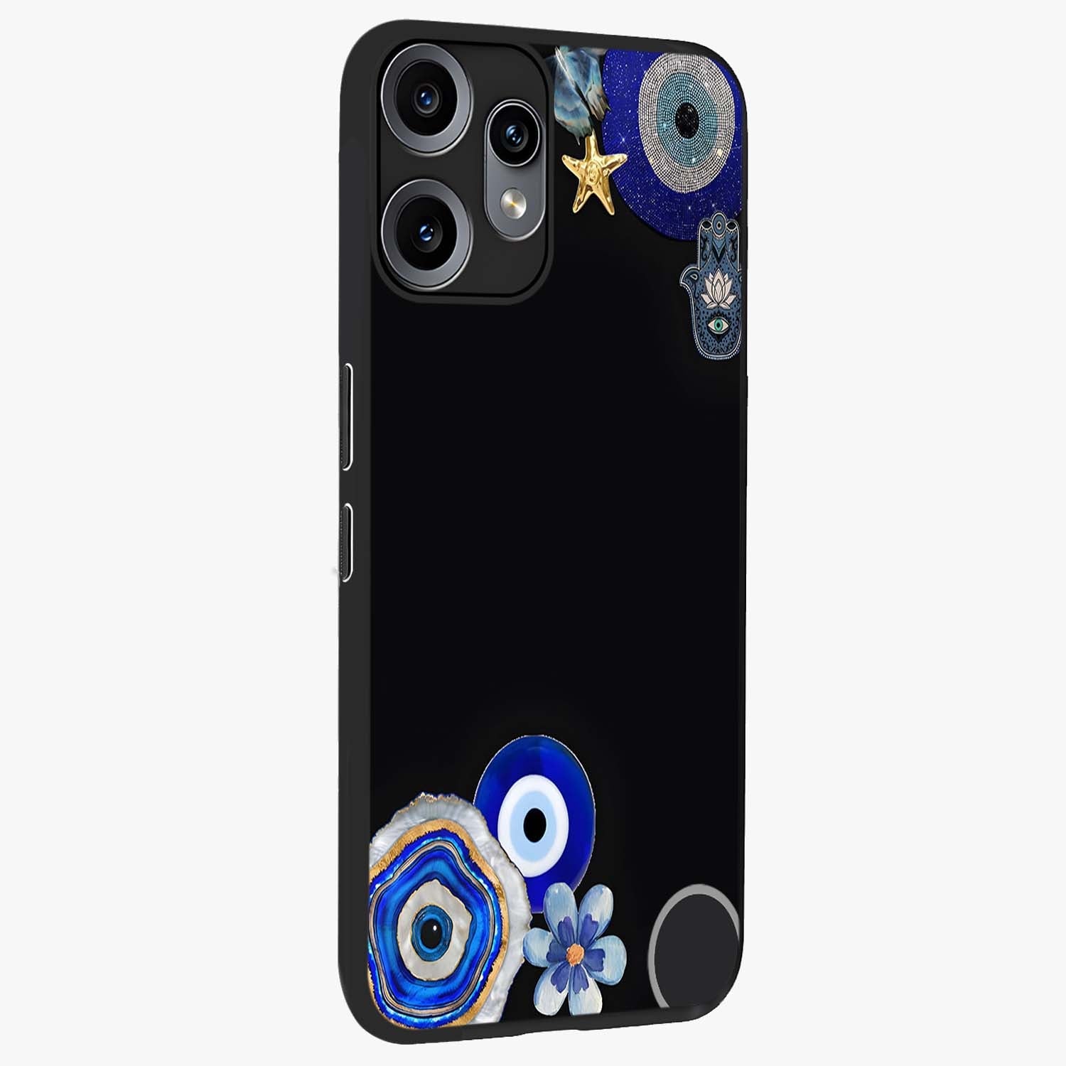 Aesthetic Blue Evil Eye Glass Case upright view showcasing mystical evil eye graphic with minimal aesthetic style.